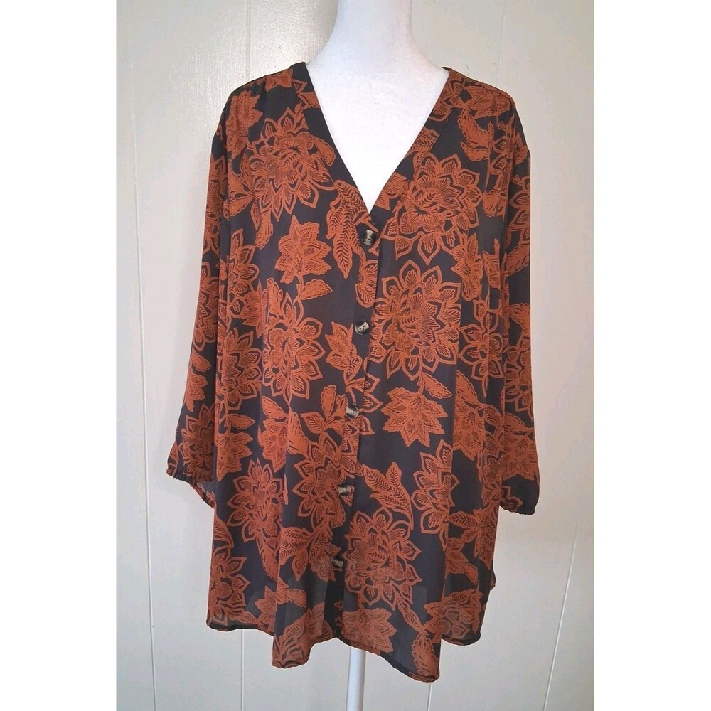 Maurices 3X Button Front Shirt Blouse Gray Orange VNeck Flowy Autumn Dark Floral